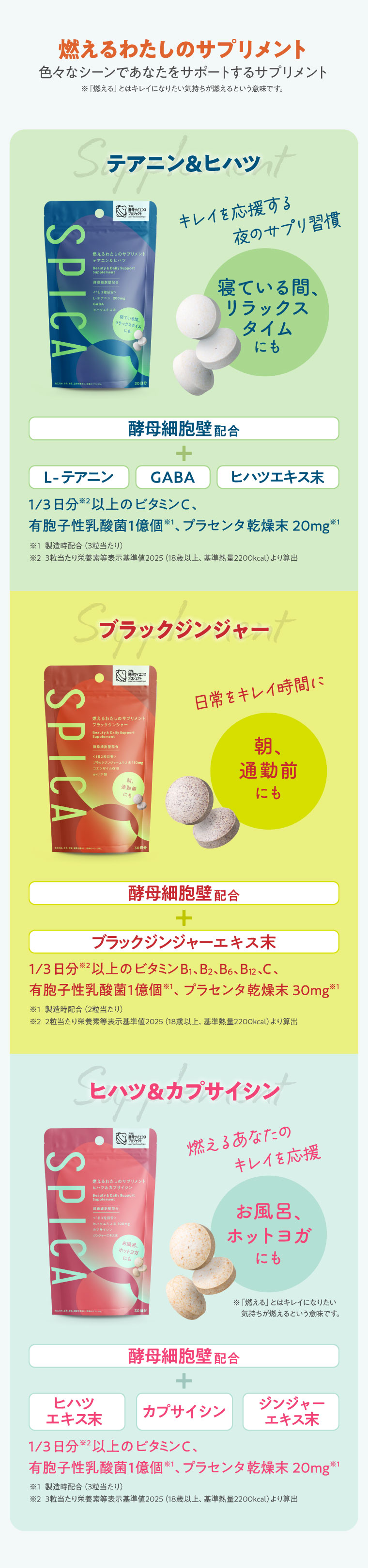SPICA SERIES 商品一覧 燃えるわたしのサプリメント テアニン＆ヒハツ、ブラックジンジャー、ヒハツ＆カプサイシン​