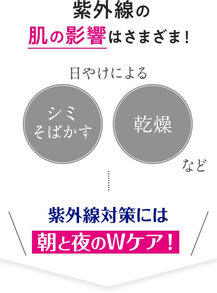 紫外線の肌の影響はさまざま！日やけによるシミ、そばかす、乾燥など。紫外線対策には朝と夜のWケア！