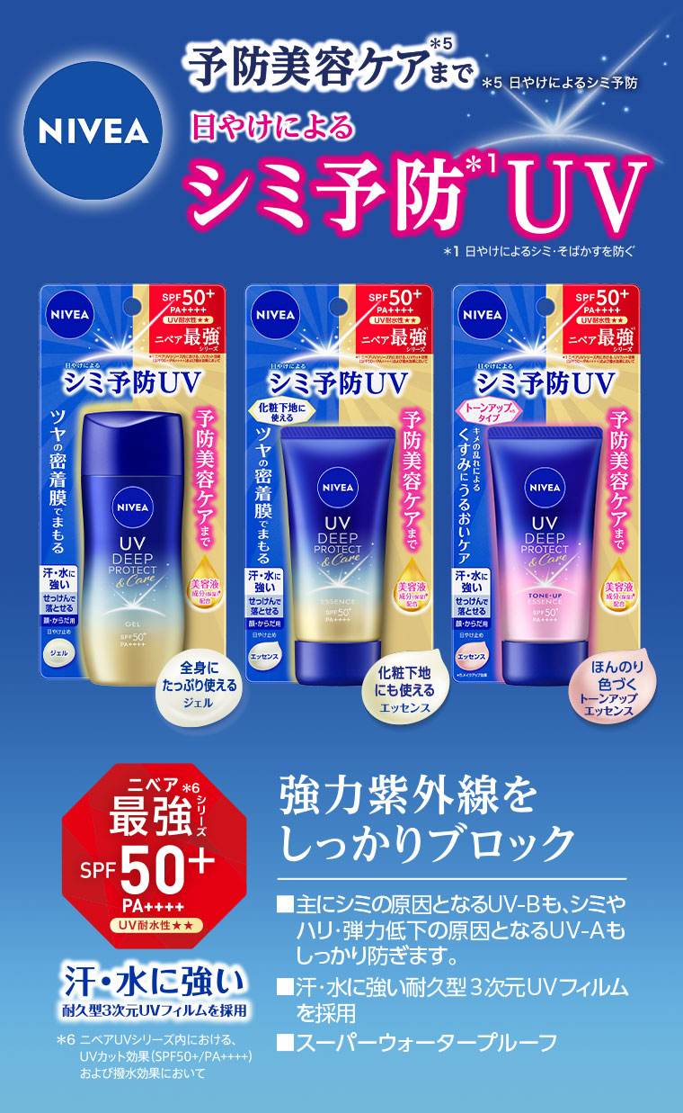 予防美容ケアまで。日やけによるシミ予防UV。ニベア最強シリーズ SPF50+ PA++++、スーパーウォータープルーフ。汗・水に強い3次元UVフィルムを採用。強力紫外線をしっかりブロック。ハリ・弾力低下の原因となるUV-Aも、主にシミの原因となるUV-Bもしっかり防ぎます。汗・水に強い3次元UVフィルムを採用。スーパーウォータープルーフで汗・水に触れても強力紫外線をカットします(80分間の耐水試験で確認済み)。注釈(詳細は本画像をご確認ください)。