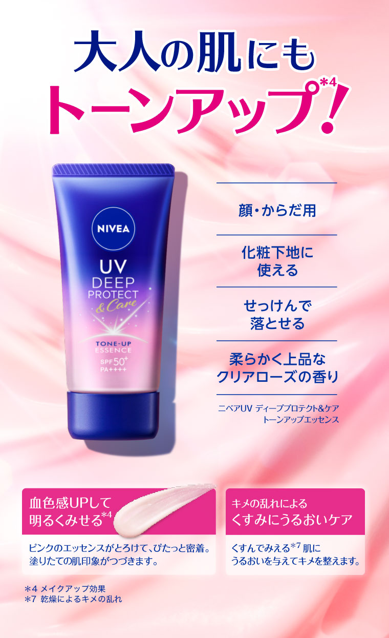 大人の肌にもトーンアップ！顔・からだ用。化粧下地に使える。せっけんで落とせる。柔らかく上品なクリアローズの香り。ニベアUV ディーププロテクト&ケア トーンアップエッセンス。血色感UPして明るくみせる。ピンクのエッセンスがとろけて、ぴたっと密着。血色感をあげて、肌を明るくみせます。キメの乱れによるくすみにうるおいケア。くすんでみえる肌にうるおいを与えてキメを整えます。注釈(詳細は本画像をご確認ください)。