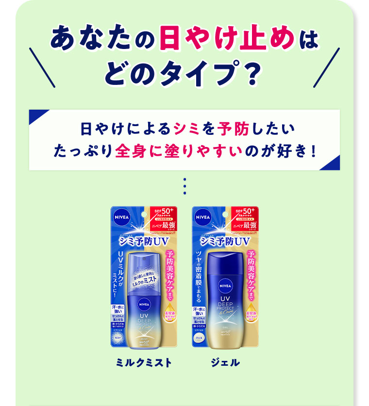 あなたの日やけ止めはどのタイプ？日やけによるシミを予防したい、たっぷり全身に塗りやすいのが好き！ミルクミスト、ジェル。