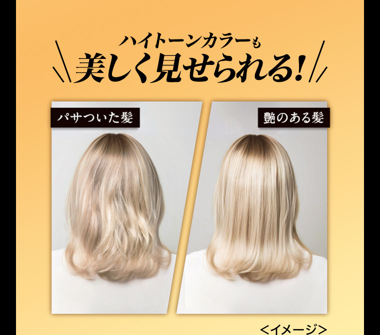 ハイトーンカラーも美しく見せられる！パサついた髪。艶のある髪。イメージ(本画像をご確認ください)。