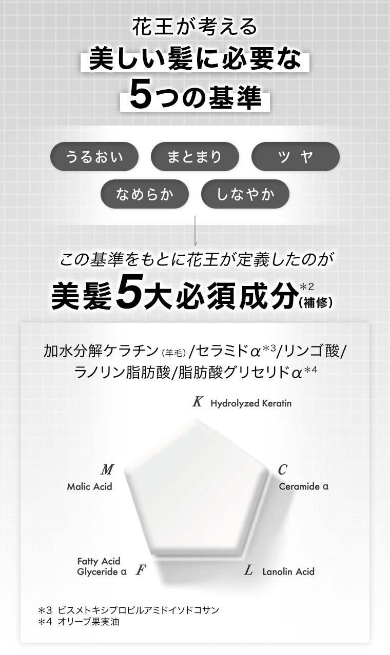 花王が考える美しい髪に必要な5つの基準。うるおい、まとまり、ツヤ、なめらか、しなやか。この基準をもとに花王が定義したのが美髮5大必須成分(補修)。図(本画像をご確認ください)。注釈(詳細は本画像をご確認ください)。