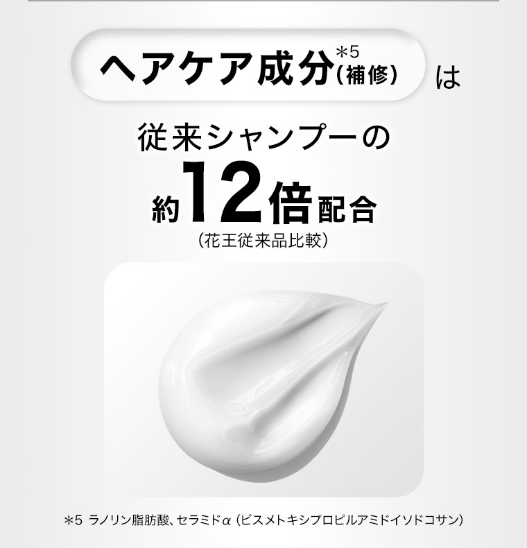 ヘアケア成分(補修)は、従来シャンプーの約12倍配合(花王従来品比較)。注釈(詳細は本画像をご確認ください)。