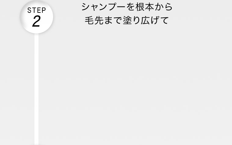 STEP 2。シャンプーを根本から毛先まで塗り広げて。
