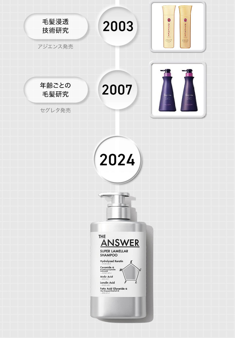 2003年、毛髮浸透技術研究、アジエンス発売。2007年、年齢ごとの毛髮研究、セグレタ発売。2024年、THE ANSWER。