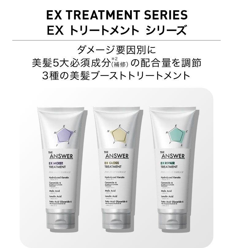 EX トリートメント シリーズ。ダメージ要因別に美髮5大必須成分(補修)の配合量を調節。3種の美髪ブーストトリートメント。