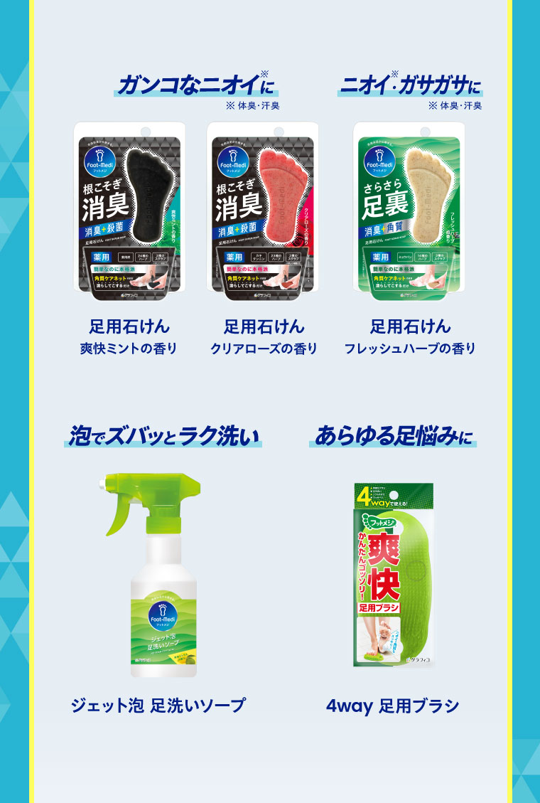 ガンコなニオイに。足用石けん。爽快ミントの香り、クリアローズの香り。ニオイ・ガサガサに。足用石けん、フレッシュハーブの香り。泡でズバッとラク洗い。ジェット泡 足洗いソープ。あらゆる足悩みに。4way 足用ブラシ。注釈(詳細は本画像をご確認ください)。