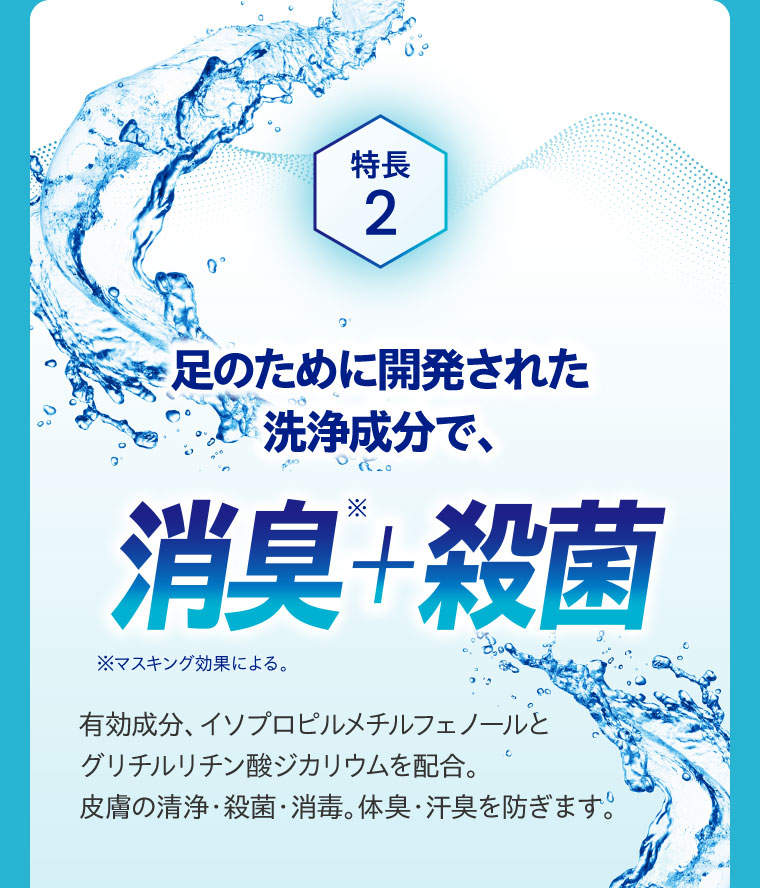特長2.足のために開発された洗浄成分で、消臭+殺菌。有効成分、イソプロピルメチルフェノールとグリチルリチン酸ジカリウムを配合。皮膚の清浄・殺菌・消毒。体臭・汗臭を防ぎます。
