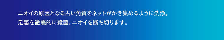 ニオイの原因となる古い角質をネットがかき集めるように洗浄。足裏を徹底的に殺菌、ニオイを断ち切ります。