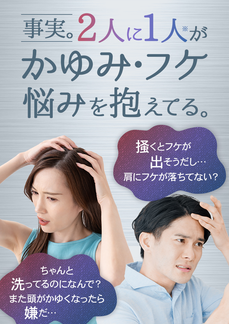 事実。2人に1人がかゆみ・フケ悩みを抱えてる。「ちゃんと洗ってるのになんで？また頭がかゆくなったら嫌だ…」「掻くとフケが出そうだし…肩にフケが落ちてない？」
