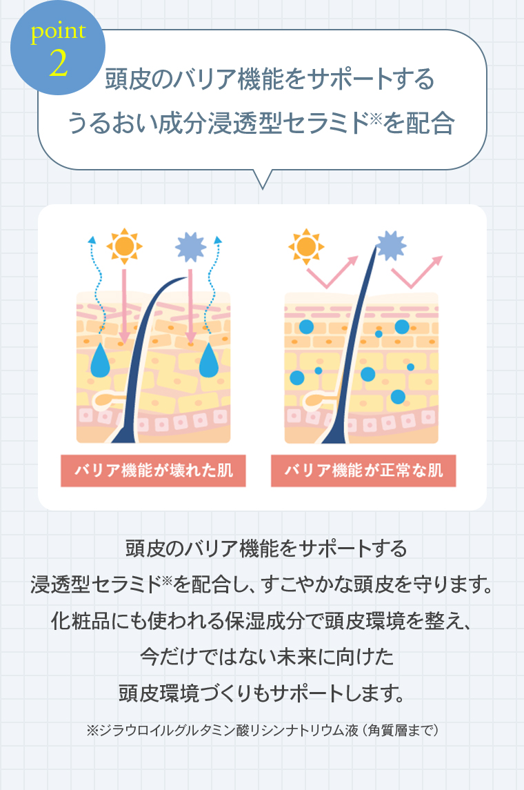 point2：頭皮のバリア機能をサポートするうるおい成分浸透型セラミドを配合。バリア機能が壊れた肌、バリア機能が正常な肌。頭皮のバリア機能をサポートする浸透型セラミドを配合し、すこやかな頭皮を守ります。化粧品にも使われる保湿成分で頭皮環境を整え、今だけではない未来に向けた頭皮環境づくりもサポートします。