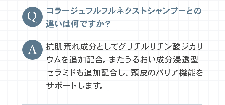 Q：コラージュフルフルネクストシャンプーとの違いは何ですか？A：抗肌荒れ成分としてグリチルリチン酸ジカリウムを追加配合。またうるおい成分浸透型セラミドも追加配合し、頭皮のバリア機能をサポートします。