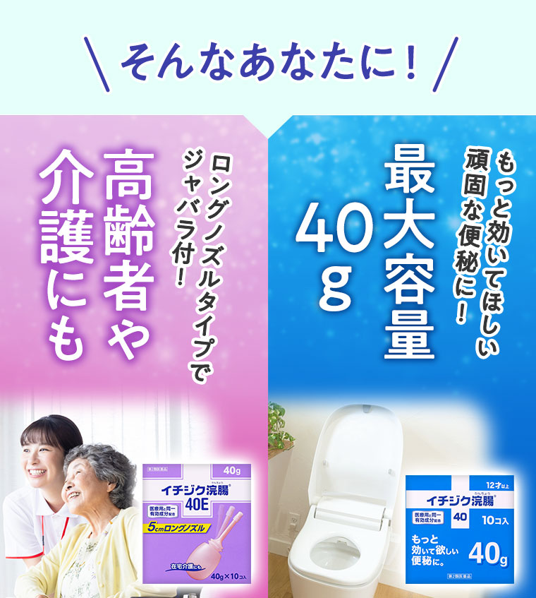 そんなあなたに！ロングノズルタイプでジャバラ付！高齢者や介護にも。もっと効いてほしい頑固な便秘に！最大容量40g。