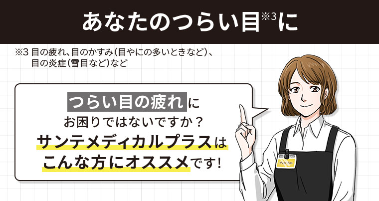あなたのつらい目に。注釈(詳細は本画像をご確認ください)。つらい目の疲れにお困りではないですか？サンテメディカルプラスはこんな方にオススメです！