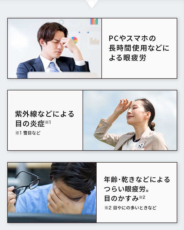 PCやスマホの長時間使用などによる眼疲労。紫外線などによる目の炎症。年齢、乾きなどによるつらい眼疲労。目のかすみ。注釈(詳細は本画像をご確認ください)。