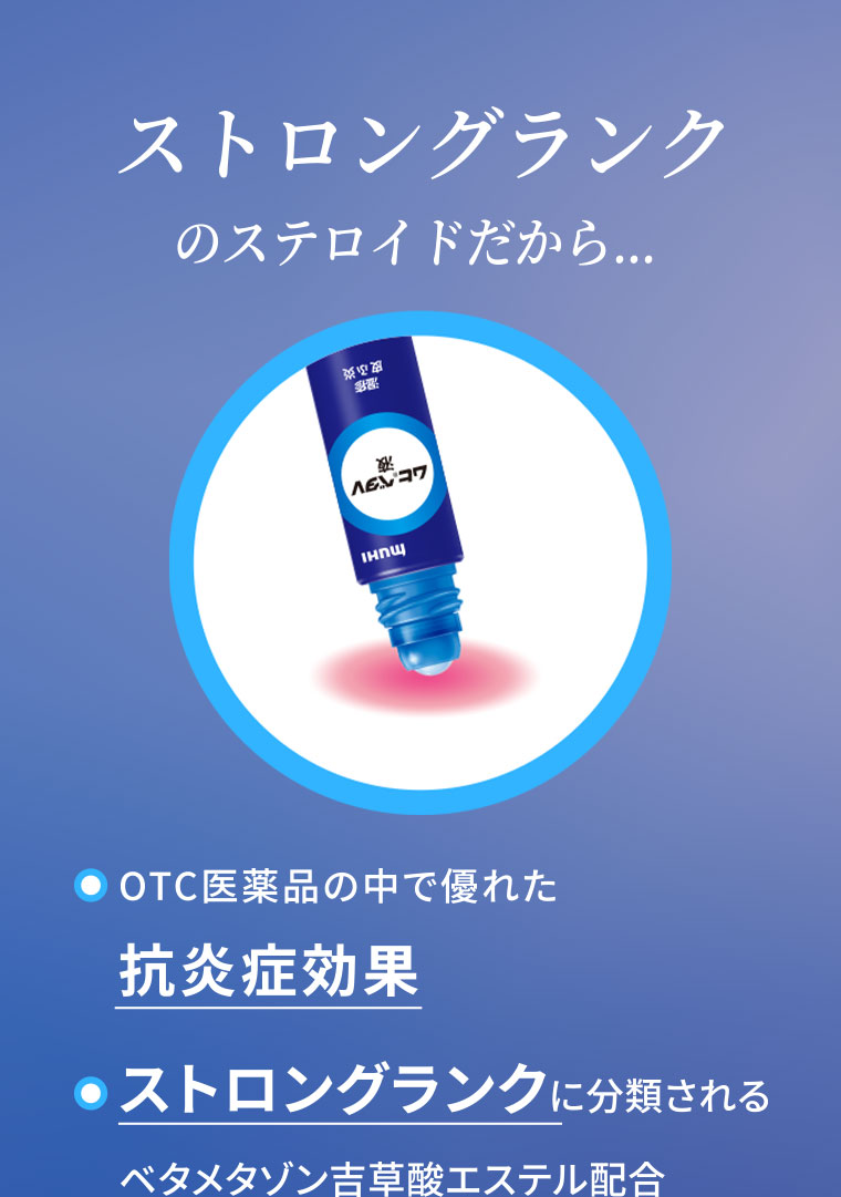 ストロングランクのステロイドだから…OTC医薬品の中で優れた抗炎症効果。ストロングランクに分類されるベタメタゾン吉草酸エステル配合。