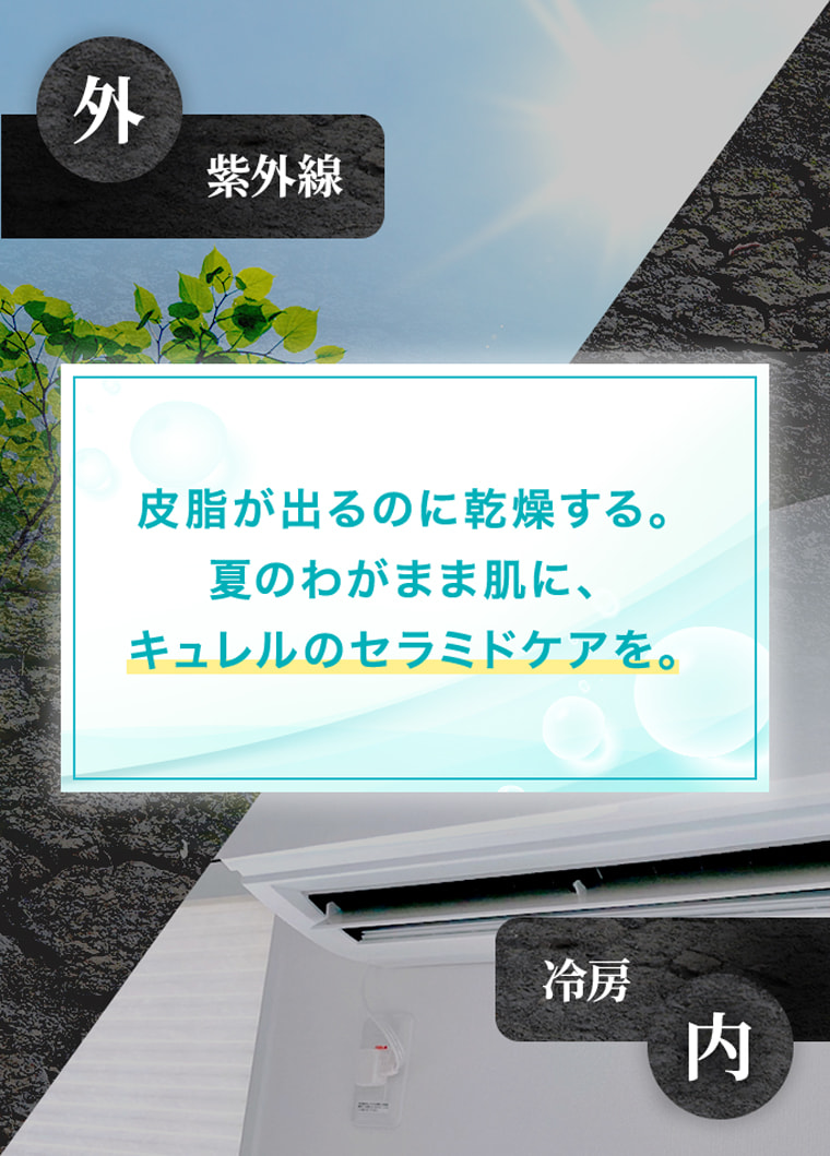 外 紫外線 皮脂が出るのに乾燥する。 夏のわがまま肌に、 キュレルのセラミドケアを。 冷房 内
