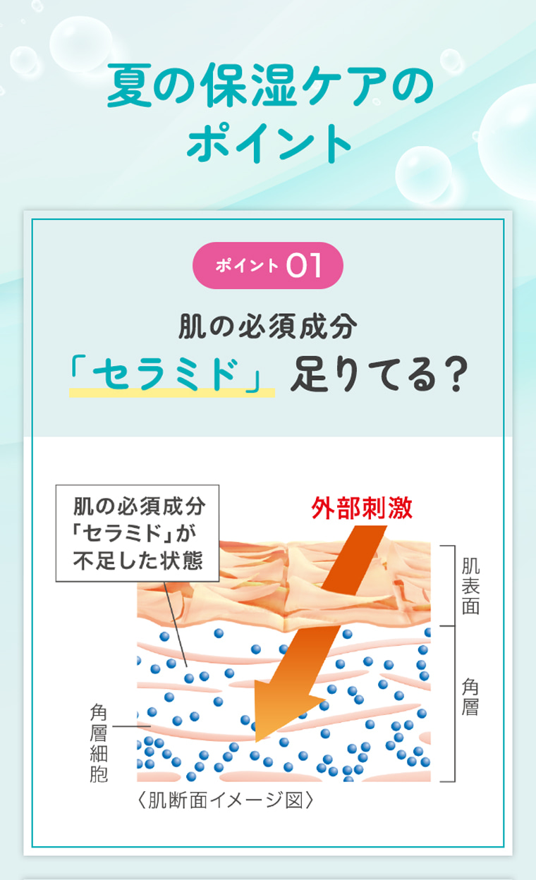 夏の保湿ケアの ポイント ポイント 01 肌の必須成分 「セラミド」 足りてる？ 肌の必須成分 「セラミド」が 不足した状態 外部刺激 肌表面 角層 角層細胞 〈肌断面イメージ図〉