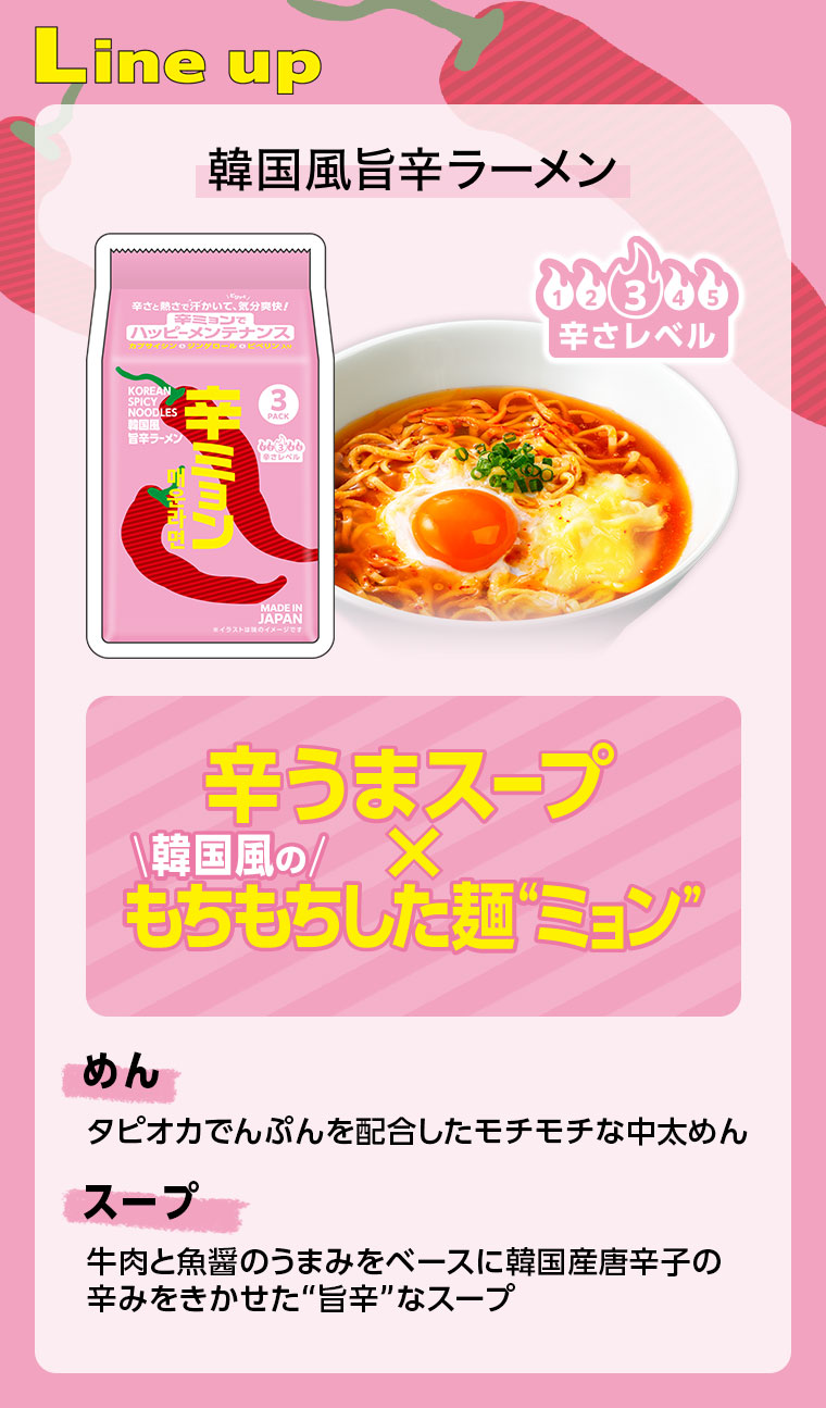 Line up。韓国風旨辛ラーメン。辛さレベル3。辛うまスープ×韓国風のもちもちした麺“ミョン”。めん、タピオカでんぷんを配合したモチモチな中太めん。スープ、牛肉と魚醤のうまみをベースに韓国産唐辛子の辛みをきかせた“旨辛”なスープ。