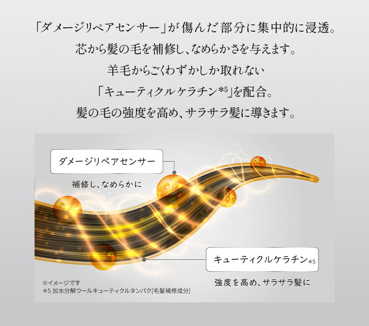 ダメージリペアセンサーが傷んだ部分に集中的に浸透。芯から髪の毛を補修し、なめらかさを与えます。羊毛からごくわずかしか取れないキューティクルケラチンを配合。髪の毛の強度を高め、サラサラ髪に導きます。ダメージリペアセンサー、補修しなめらかに。キューティクルケラチン、強度を高めサラサラ髪に。イメージ(本画像をご確認ください)。