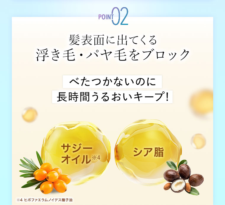 POINT02 髪表面に出てくる、浮き毛・パヤ毛をブロック。べたつかないのに、長時間うるおいキープ！サジーオイル。シア脂。注釈(詳細は本画像をご確認ください)。