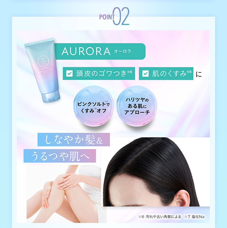 POINT02 AURORA。頭皮のゴワつき、肌のくすみに。ピンクソルトでくすみオフ。ハリツヤのある肌に。しなやか髪&うるつや肌へ。注釈(詳細は本画像をご確認ください)。