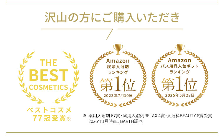 沢山の方にご購入いただき、THE BEST COSMETICS。ベストコスメ77冠受賞。Amazon炭酸入浴剤ランキング第1位。Amazonバス用品人気ギフトランキング第1位。注釈(詳細は本画像をご確認ください)。