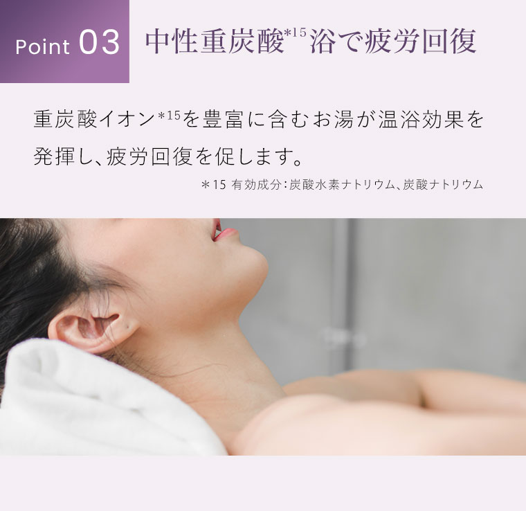 Point 03。中性重炭酸浴で疲労回復。重炭酸イオンを豊富に含むお湯が温浴効果を発揮し、疲労回復を促します。注釈(詳細は本画像をご確認ください)。