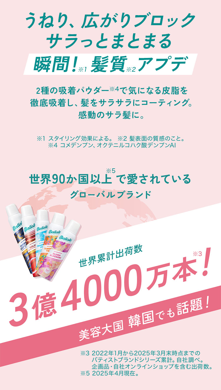 うねり、広がりブロック。サラっとまとまる。瞬間！髪質アプデ。2種の吸着パウダーで気になる皮脂を徹底吸着し、髪をサラサラにコーティング。感動のサラ髪に。世界90か国以上で愛されているグローバルブランド。世界累計出荷数3億4000万本！美容大国 韓国でも話題！注釈(詳細は本画像をご確認ください)。