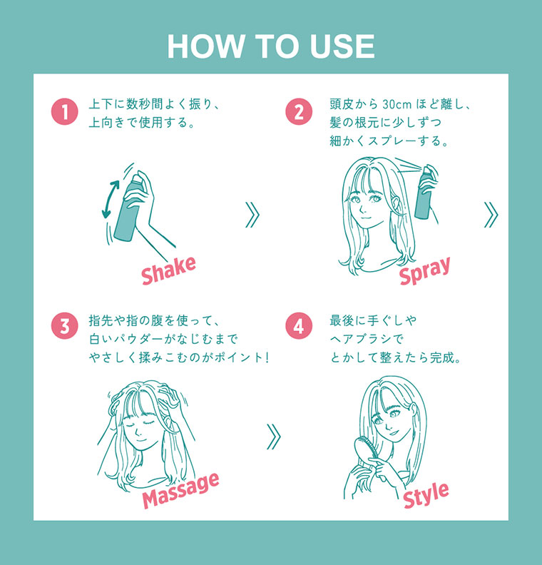 HOW TO USE 1.上下に数秒間よく振り、上向きで使用する。2.頭皮から30cmほど離し、髪の根元に少しずつ細かくスプレーする。3.指先や指の腹を使って、白いパウダーがなじむまでやさしく揉みこむのがポイント！4.最後に手ぐしやヘアブラシでとかして整えたら完成。
