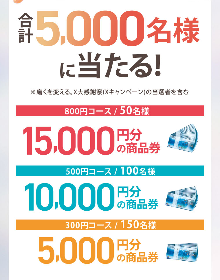 合計5,000名様に当たる！注釈(詳細は本画像をご確認ください)。800円コース/50名様、15,000円分の商品券。500円コース/100名様、10,000円分の商品券。300円コース/150名様、5,000円分の商品券。