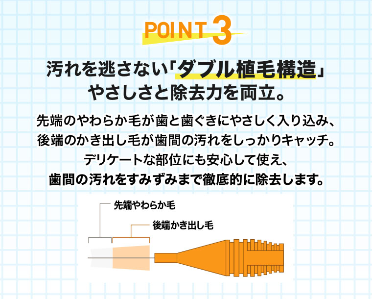 POINT3 汚れを逃さない「ダブル植毛構造」。やさしさと除去力を両立。先端のやわらか毛が歯と歯ぐきにやさしく入り込み、後端のかき出し毛が歯間の汚れをしっかりキャッチ。デリケートな部位にも安心して使え、歯間の汚れをすみずみまで徹底的に除去します。イメージ(本画像をご確認ください)。