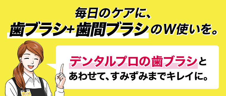 毎日のケアに、歯ブラシ+歯間ブラシのW使いを。デンタルプロの歯ブラシとあわせて、すみずみまでキレイに。