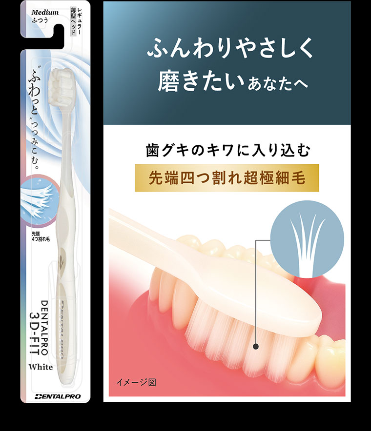 ふんわりやさしく磨きたいあなたへ。歯グキのキワに入り込む先端四つ割れ超極細毛。イメージ(本画像をご確認ください)。