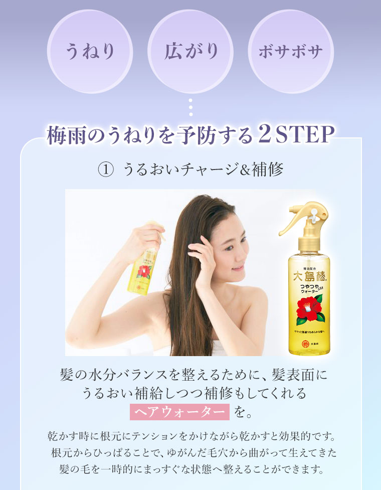 うねり、広がり、ボサボサ。梅雨のうねりを予防する2STEP。1.うるおいチャージ&補修。髪の水分バランスを整えるために、髪表面にうるおい補給しつつ補修もしてくれるヘアウォーターを。乾かす時に根元にテンションをかけながら乾かすと効果的です。根元からひっぱることで、ゆがんだ毛穴から曲がって生えてきた髪の毛を一時的にまっすぐな状態へ整えることができます。