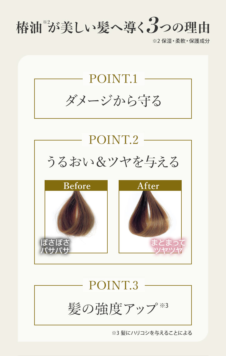 椿油が美しい髪へ導く3つの理由。POINT.1 ダメージから守る。POINT.2 うるおい&ツヤを与える。イメージ(本画像をご確認ください)。POINT.3 髪の強度アップ。注釈(詳細は本画像をご確認ください)。