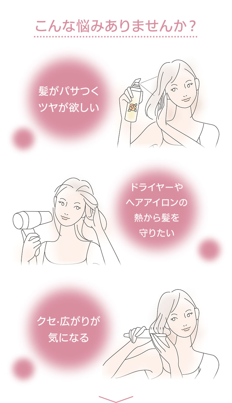 こんな悩みありませんか？髪がパサつく、ツヤが欲しい、ドライヤーやヘアアイロンの熱から髪を守りたい、クセ・広がりが気になる。