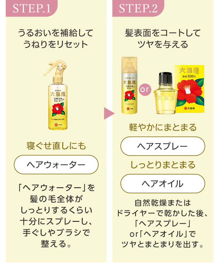 STEP.1 うるおいを補給してうねりをリセット。寝ぐせ直しにも、ヘアウォーター。「ヘアウォーター」を髪の毛全体がしっとりするくらい十分にスプレーし、手ぐしやブラシで整える。STEP.2 髪表面をコートしてツヤを与える。軽やかにまとまるヘアスプレー、しっとりまとまるヘアオイル。自然乾燥またはドライヤーで乾かした後、「ヘアスプレー」or「ヘアオイル」でツヤとまとまりを出す。