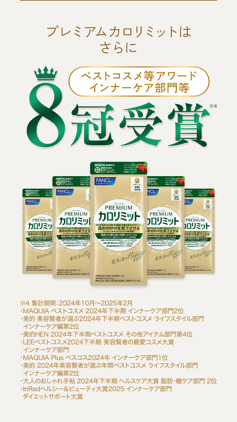 プレミアムカロリミットはさらにベストコスメ等アワード インナーケア部門等8冠受賞。注釈(詳細は本画像をご確認ください)。