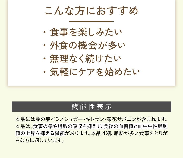 こんな方におすすめ。食事を楽しみたい。外食の機会が多い。無理なく続けたい。気軽にケアを始めたい。機能性表示(詳細は本画像をご確認ください)。