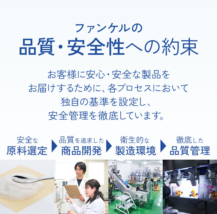 ファンケルの品質・安全性への約束。お客様に安心・安全な製品をお届けするために、各プロセスにおいて独自の基準を設定し、安全管理を徹底しています。安全な原料選定。品質を追求した商品開発。衛生的な製造環境。徹底した品質管理。