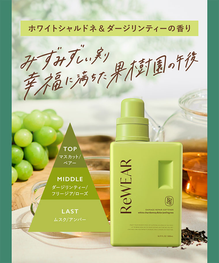 ホワイトシャルドネ&ダージリンティーの香り。みずみずしい実り。幸福に満ちた果樹園の午後。図(本画像をご確認ください)。