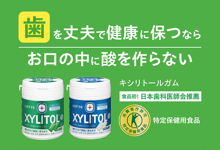 歯を丈夫で健康に保つなら。お口の中に酸を作らない。キシリトールガム。食品初!日本歯科医師会推薦、特定保健用食品。