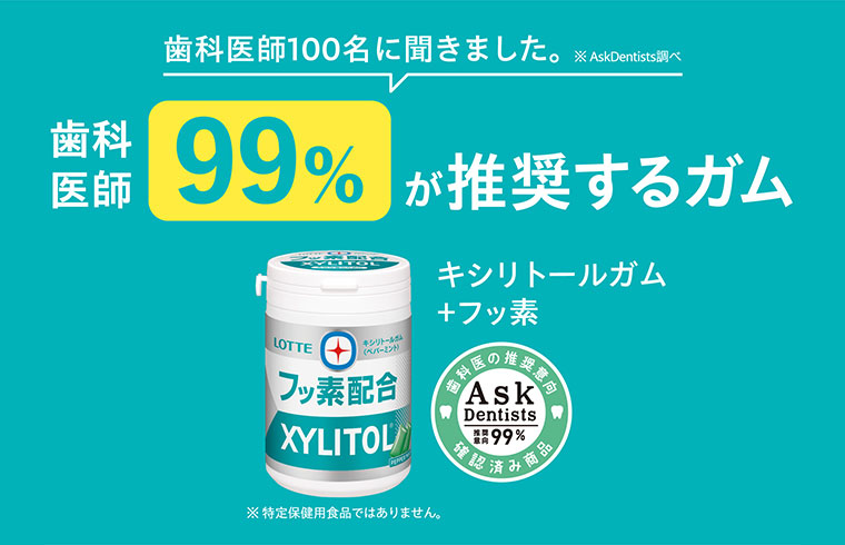 歯科医師100名に聞きました。AskDentists調べ。歯科医師99%が推奨するガム。キシリトールガム+フッ素。特定保健用食品ではありません。