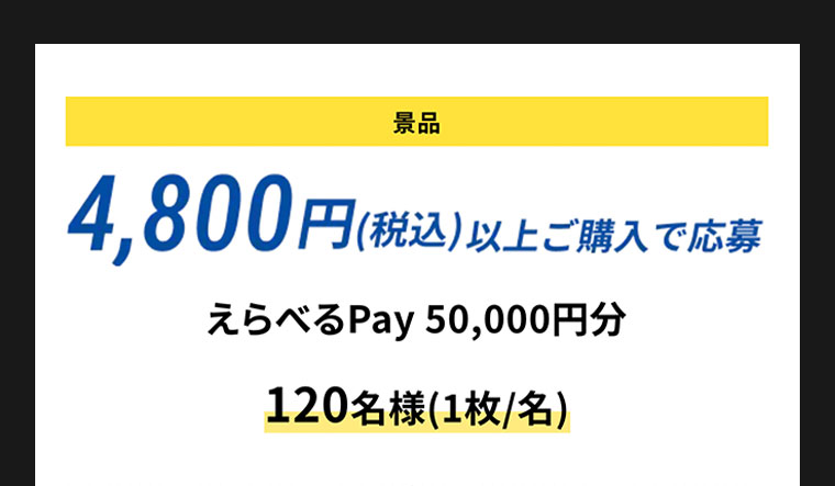 景品。4,800円(税込)以上ご購入で応募。えらべるPay 50,000円分。120名様(1枚/名)。