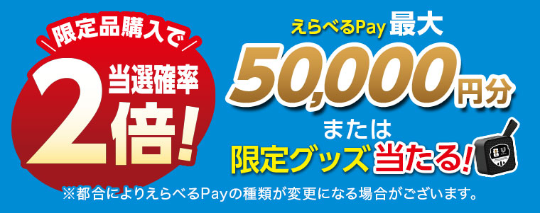 限定品購入で当選確率2倍! えらべるPay最大50,000円分または限定グッズ当たる!注釈(詳細は本画像をご確認ください)。