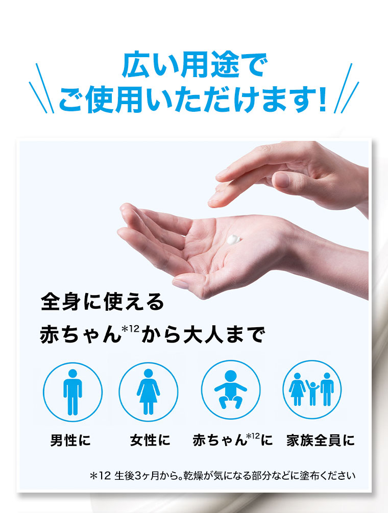 広い用途でご使用いただけます! 全身に使える。赤ちゃんから大人まで。男性に、女性に、赤ちゃんに、家族全員に。注釈(詳細は本画像をご確認ください)。