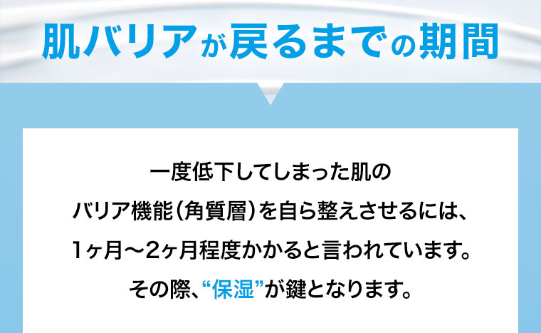 肌バリアが戻るまでの期間。一度低下してしまった肌のバリア機能(角質層)を自ら整えさせるには、1ヶ月から2ヶ月程度かかると言われています。その際、保湿が鍵となります。
