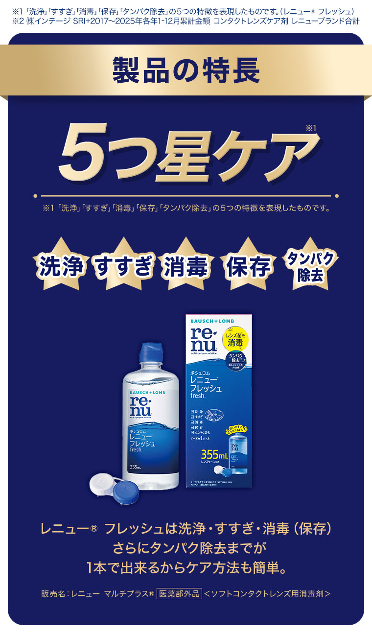 製品の特長。5つ星ケア。注釈(詳細は本画像をご確認ください)。洗浄、すすぎ、消毒、保存、タンパク除去。レニューフレッシュは洗浄・すすぎ・消毒(保存)、さらにタンパク除去までが1本で出来るからケア方法も簡単。販売名、レニュー マルチプラス、医薬部外品(ソフトコンタクトレンズ用消毒剤)。